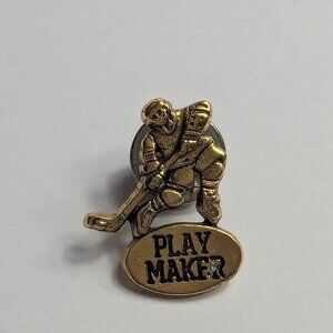 Gold Tone Hockey Player "Play Maker" Lapel Pin Vintage VAL Signed